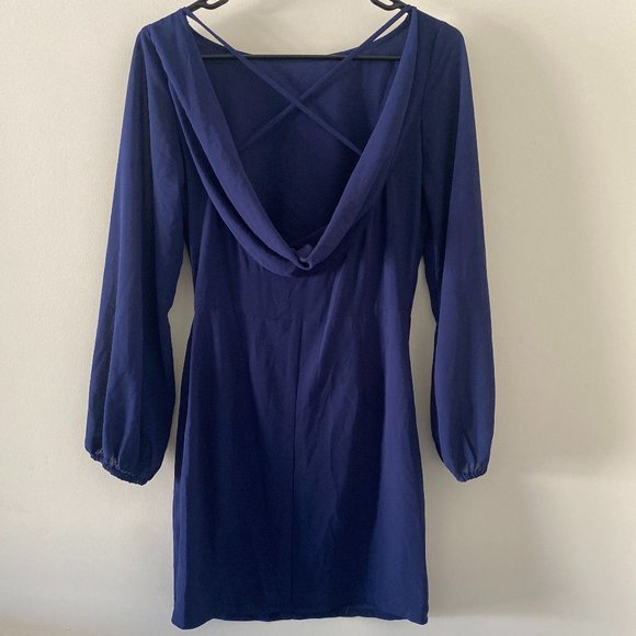 Longsleeve Navy Blue Dress with Deep Back Swoop - Picture 3 of 5